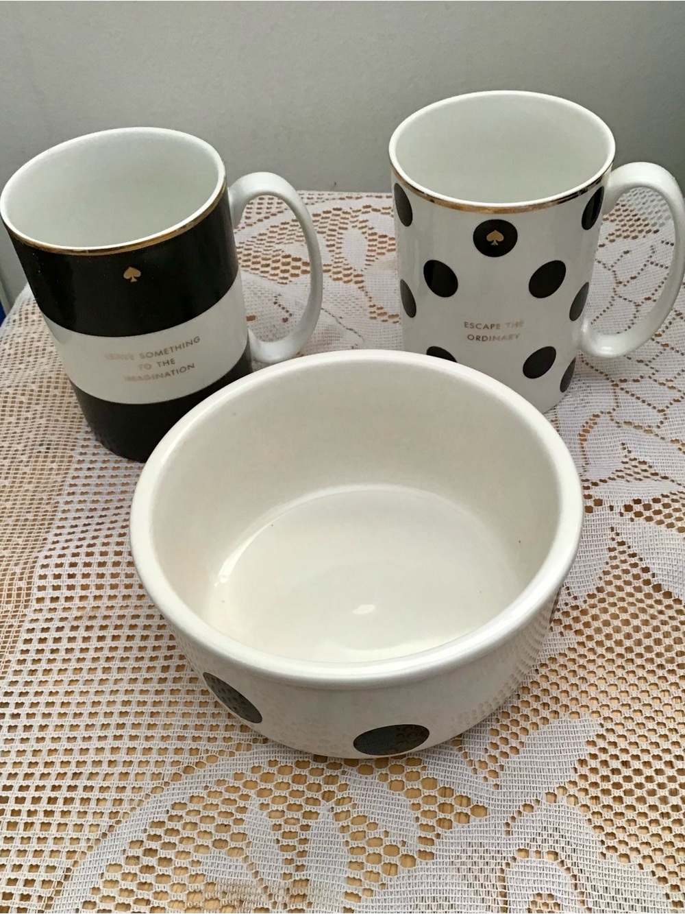 Kate Spade Lenox White and Black Polka Dot Ceramic Mug,Bowl, Striped mug